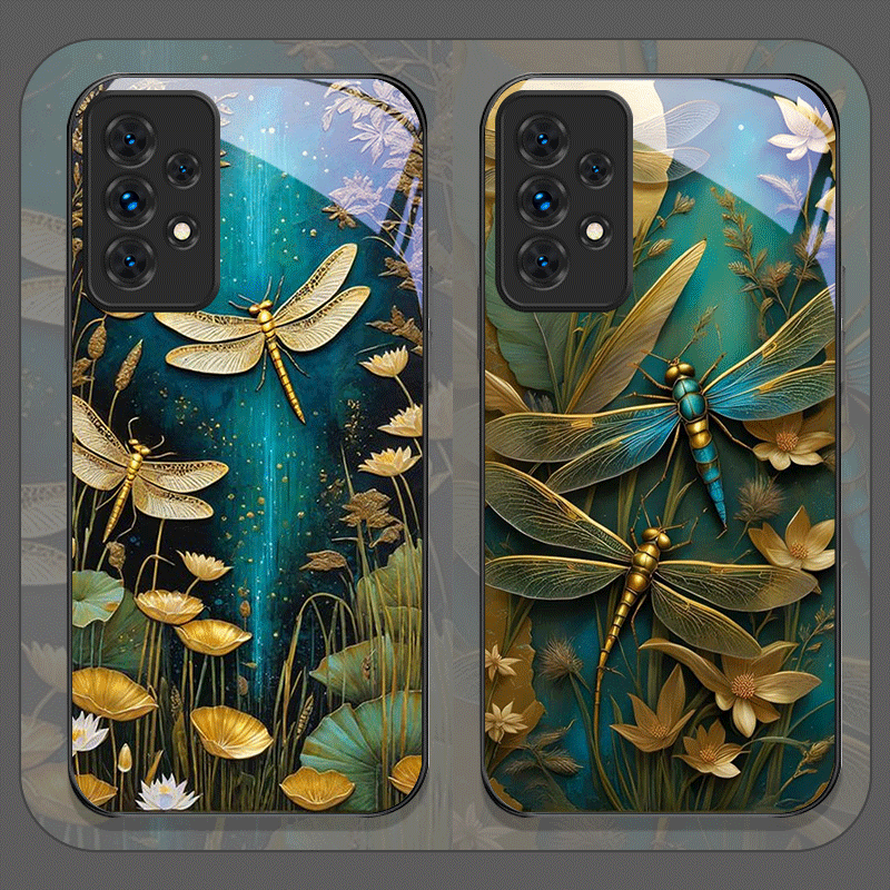 Phone Cases For Samsung A14 - Flower Golden Dragonfly Tempered Glass Phone