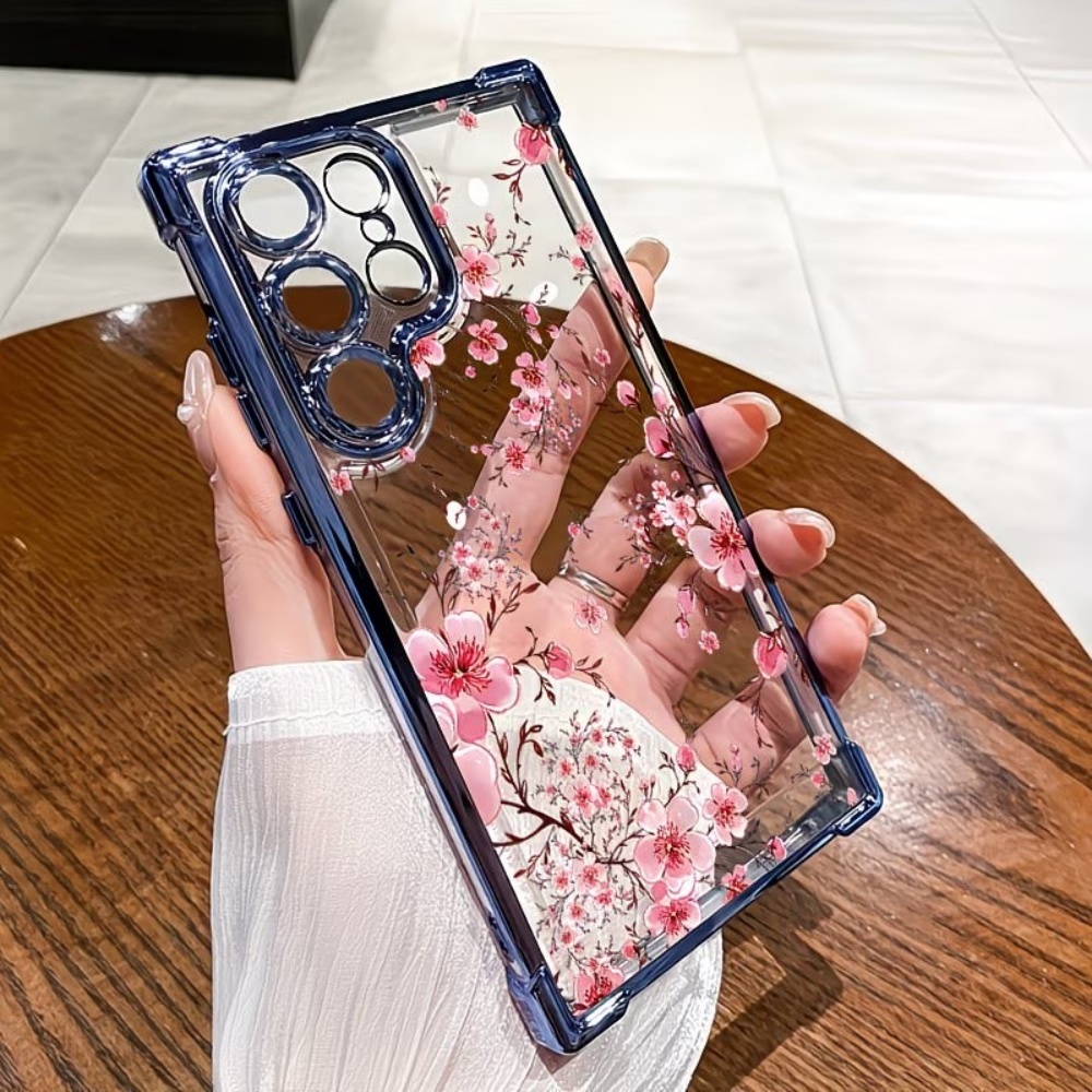 Phone Cases Silicone - Cherry Blossom Electroplated Four-Corner Anti-Fall Phone